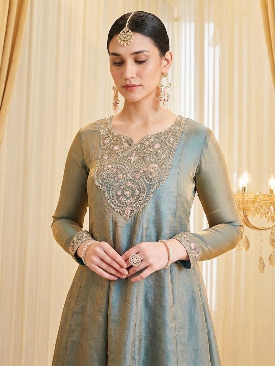 Women's Embroidered A-Line Kurta Palazzo Set with Dupatta
