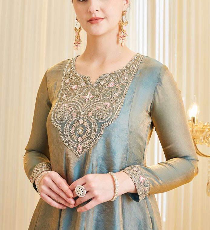 Women's Embroidered A-Line Kurta Palazzo Set with Dupatta