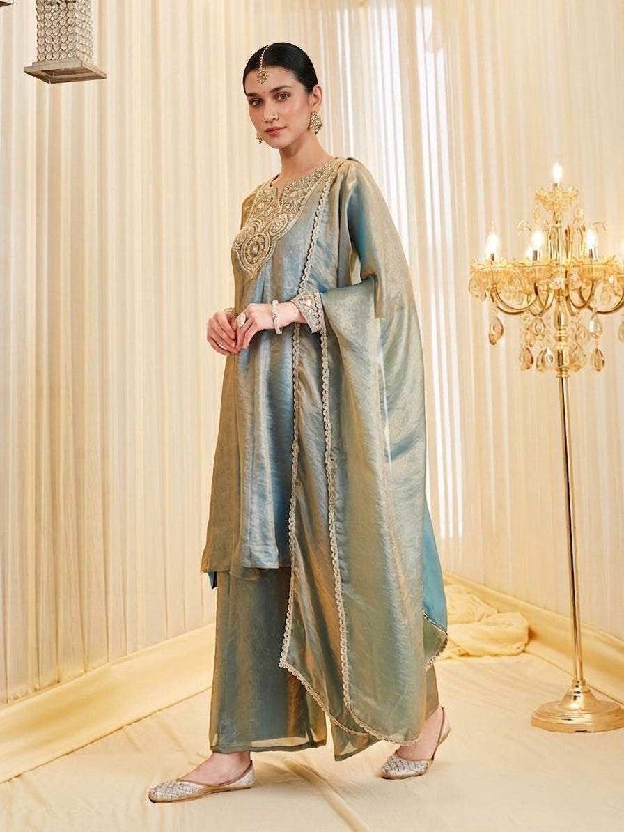 Women's Embroidered A-Line Kurta Palazzo Set with Dupatta