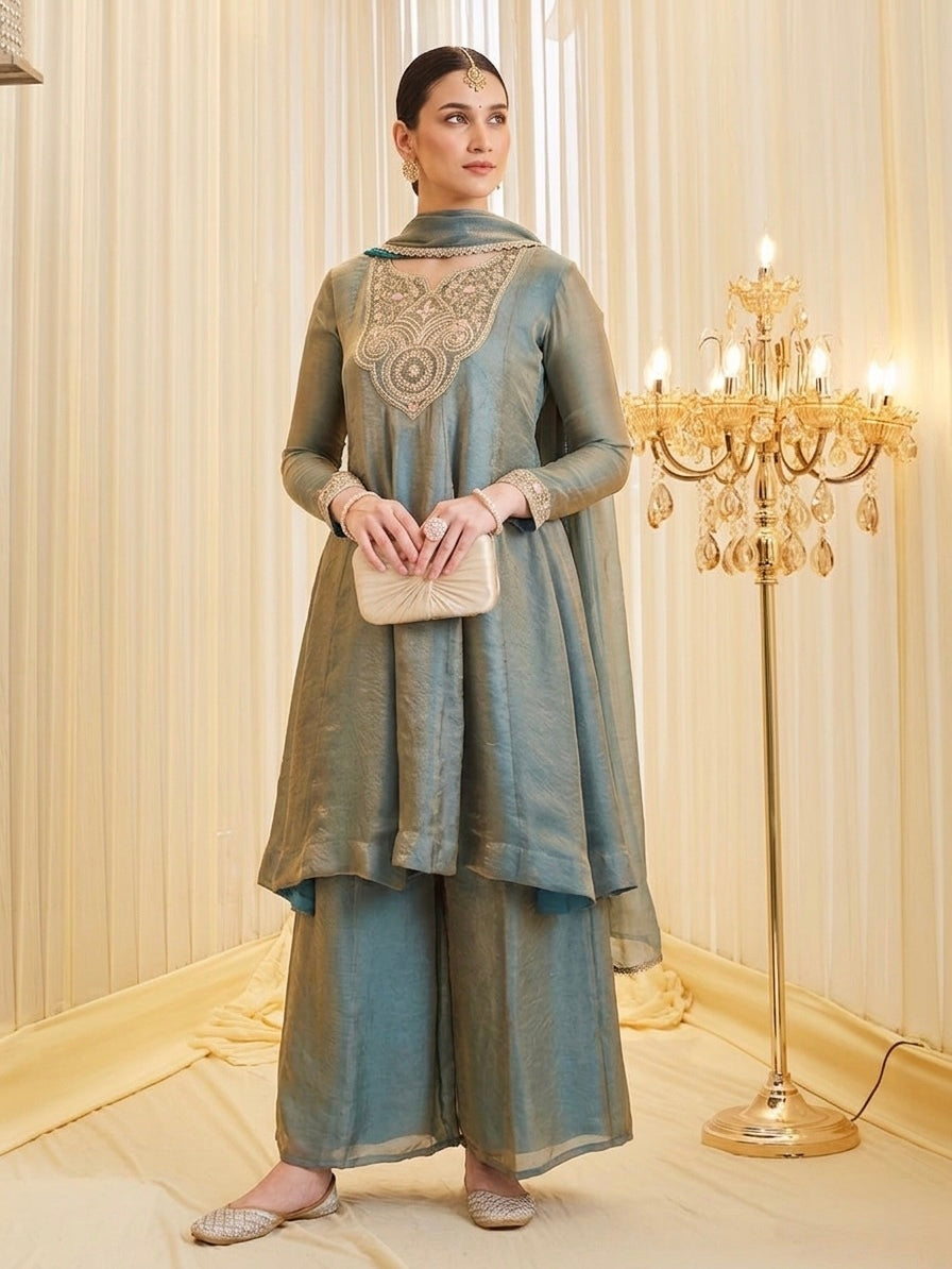 Women's Embroidered A-Line Kurta Palazzo Set with Dupatta