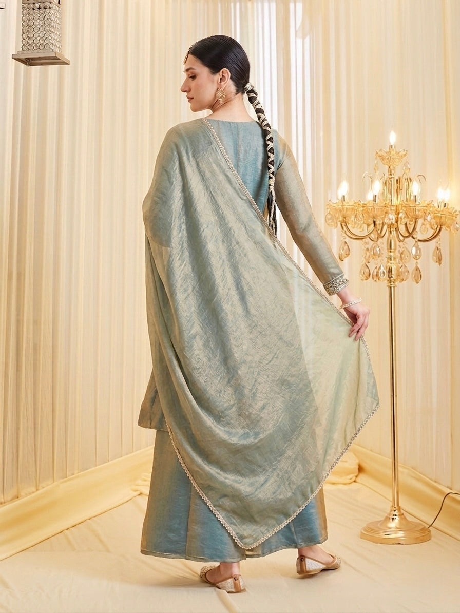 Women's Embroidered A-Line Kurta Palazzo Set with Dupatta