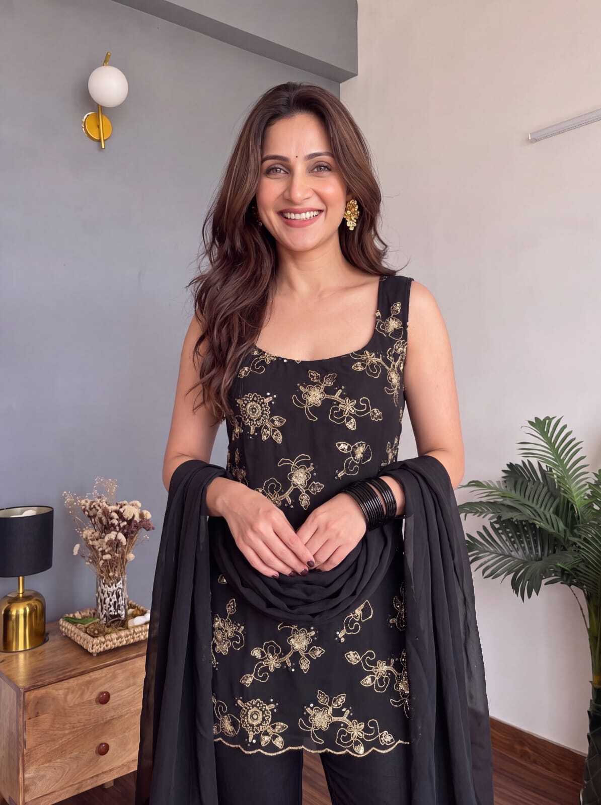 Women Black Embroidered Kurta Palazzo With Dupatta Set