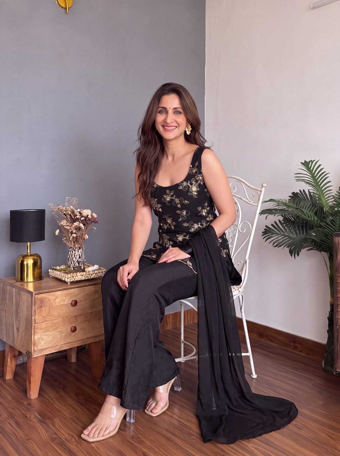 Women Black Embroidered Kurta Palazzo With Dupatta Set