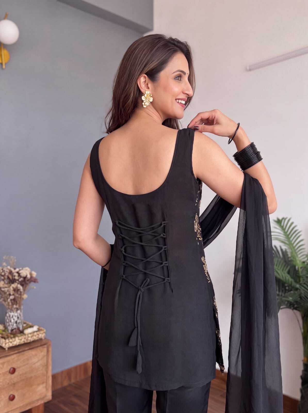 Women Black Embroidered Kurta Palazzo With Dupatta Set