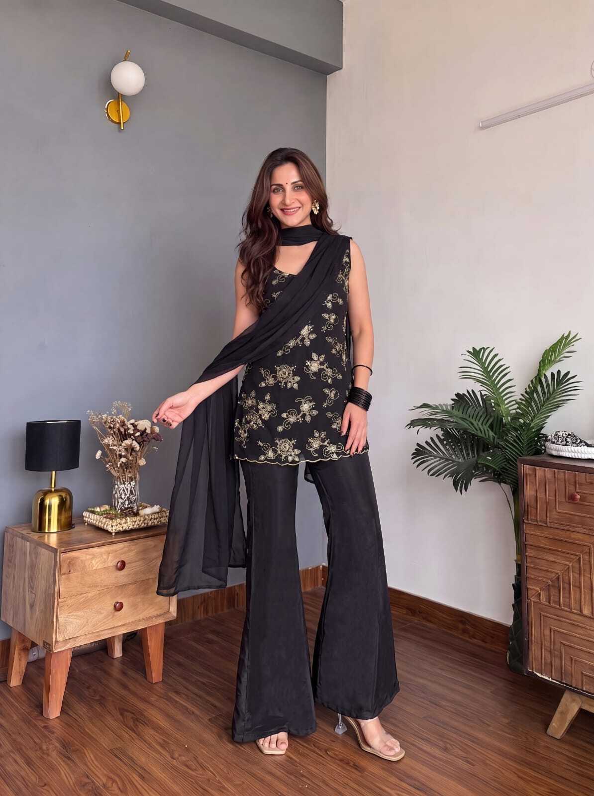 Women Black Embroidered Kurta Palazzo With Dupatta Set