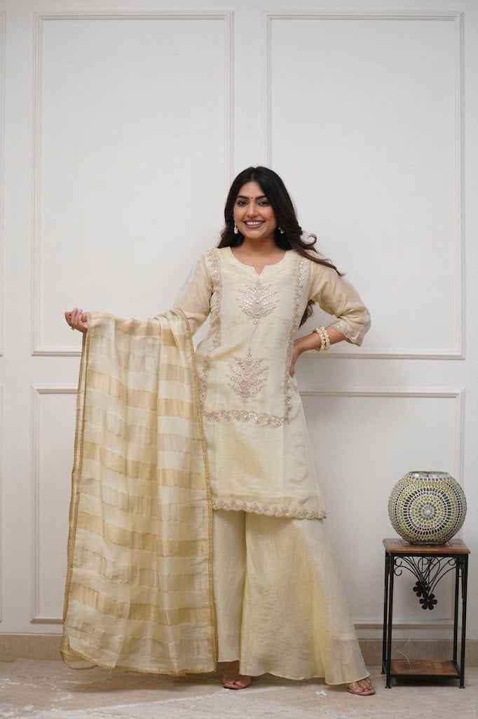 Women's Cream Embroidered Kurta Palazzo with Dupatta Set | Premium Ethnic Suit | Festive & Party Wear