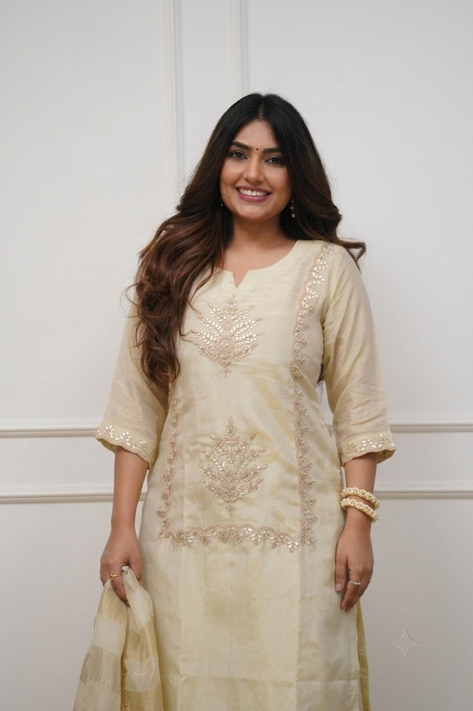 Women's Cream Embroidered Kurta Palazzo with Dupatta Set | Premium Ethnic Suit | Festive & Party Wear