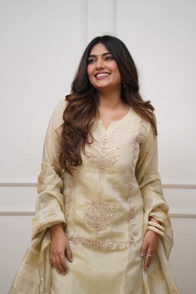 Women's Cream Embroidered Kurta Palazzo with Dupatta Set | Premium Ethnic Suit | Festive & Party Wear