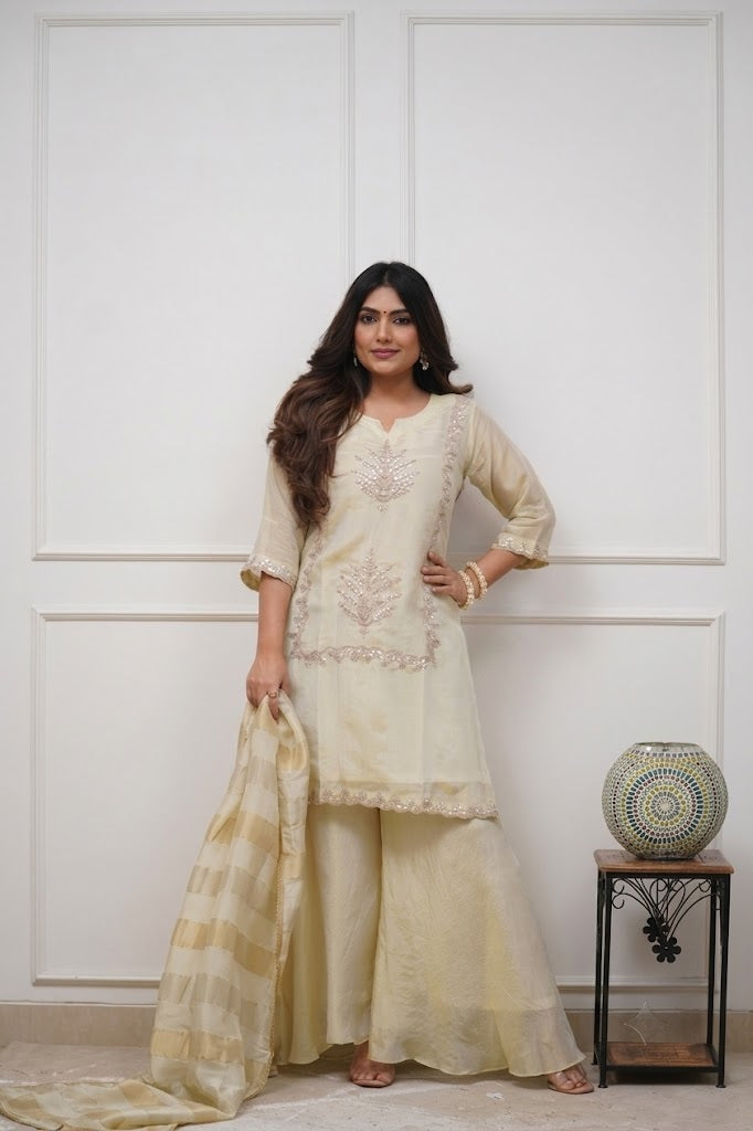 Women's Cream Embroidered Kurta Palazzo with Dupatta Set | Premium Ethnic Suit | Festive & Party Wear