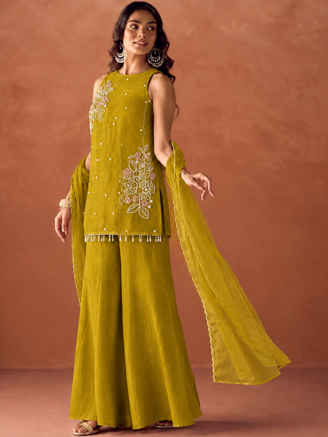 Women's Lavender Embroidered Kurta Palazzo & Dupatta Set