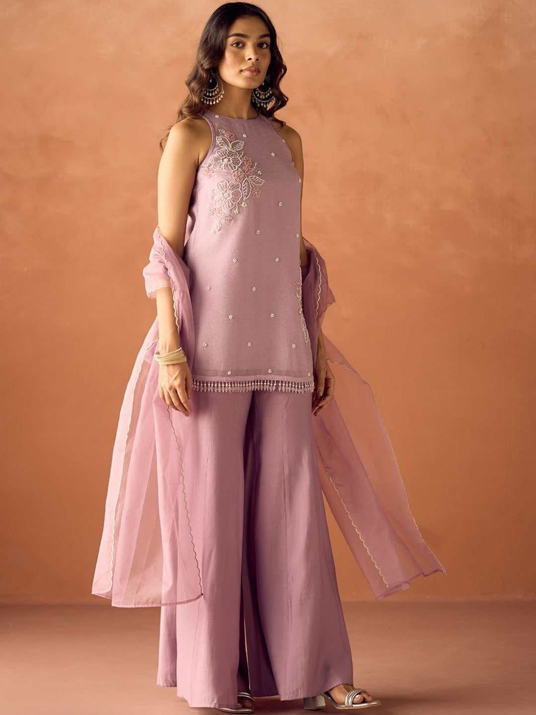 Women's Lavender Embroidered Kurta Palazzo & Dupatta Set