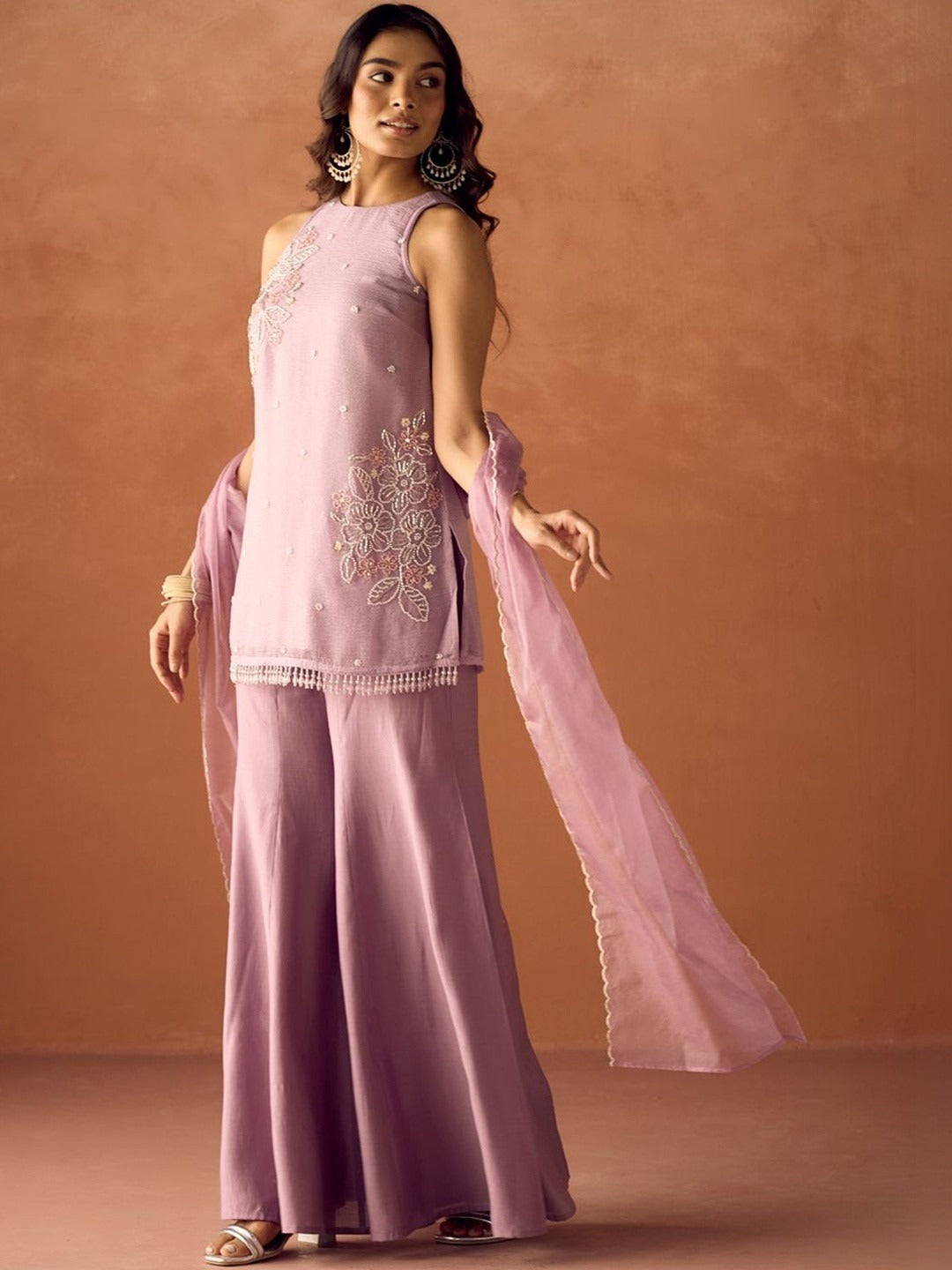 Women's Lavender Embroidered Kurta Palazzo & Dupatta Set