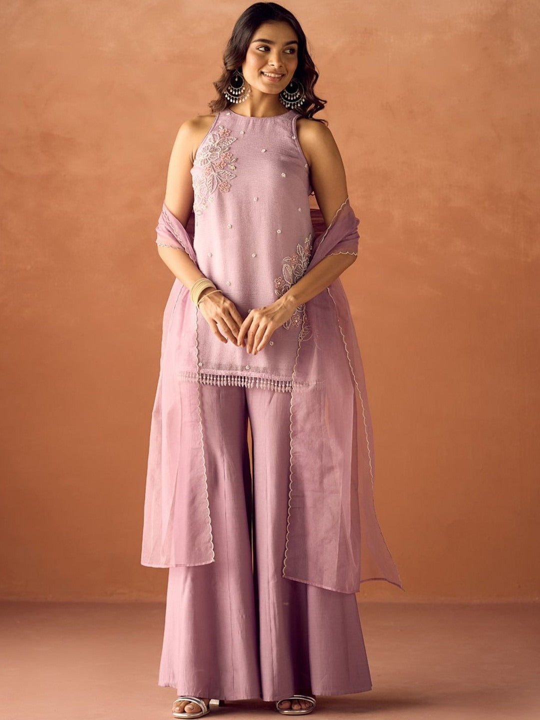 Women's Lavender Embroidered Kurta Palazzo & Dupatta Set