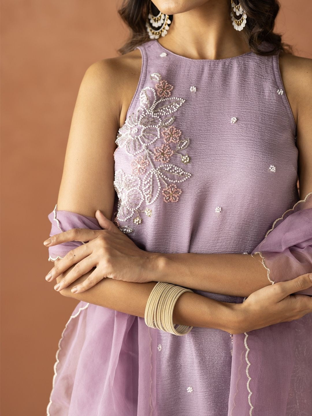 Women's Lavender Embroidered Kurta Palazzo & Dupatta Set