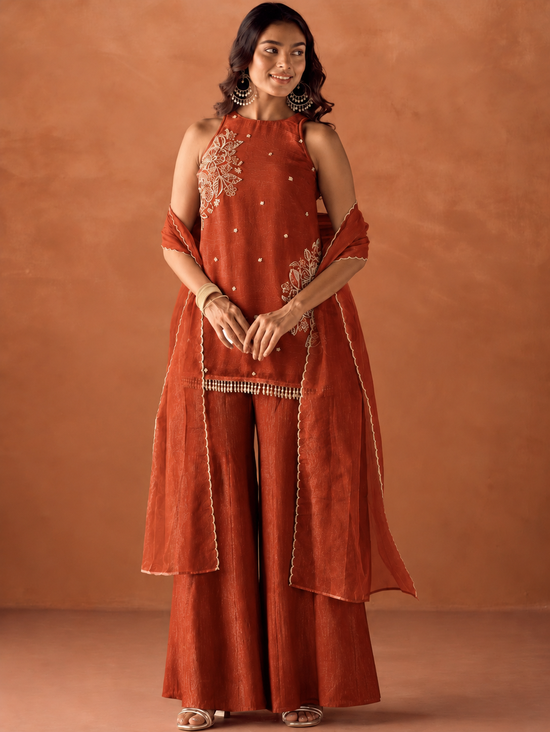 Women's Lavender Embroidered Kurta Palazzo & Dupatta Set