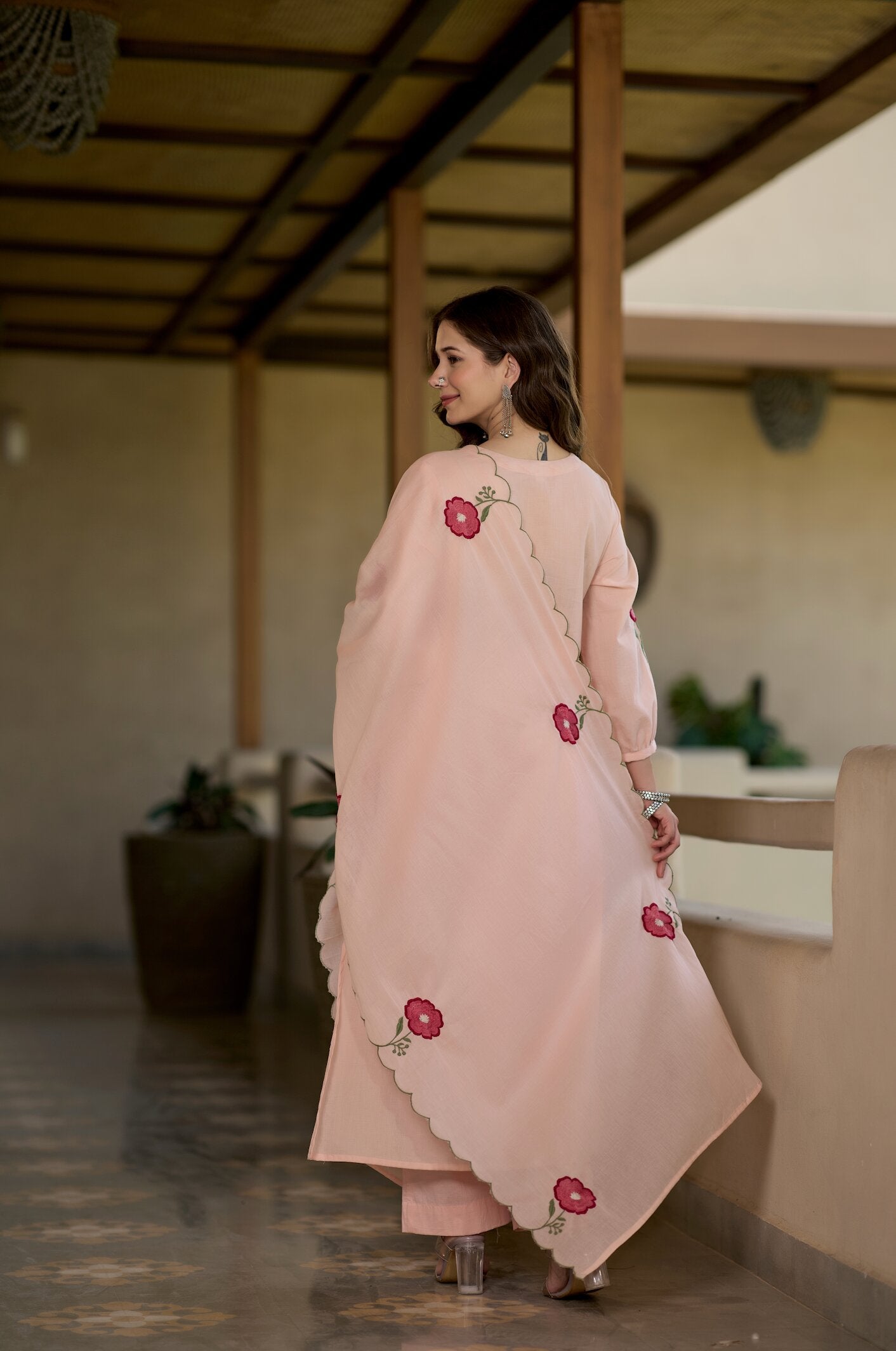 Women's Peach Floral Embroidered Kurta Pant with Dupatta Set