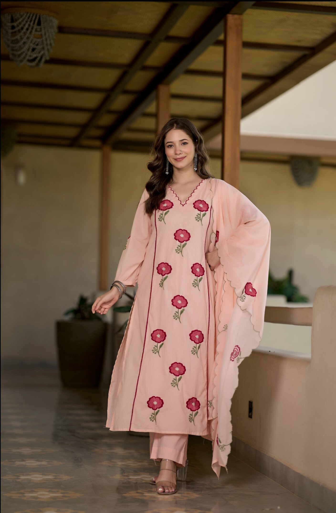 Women's Peach Floral Embroidered Kurta Pant with Dupatta Set