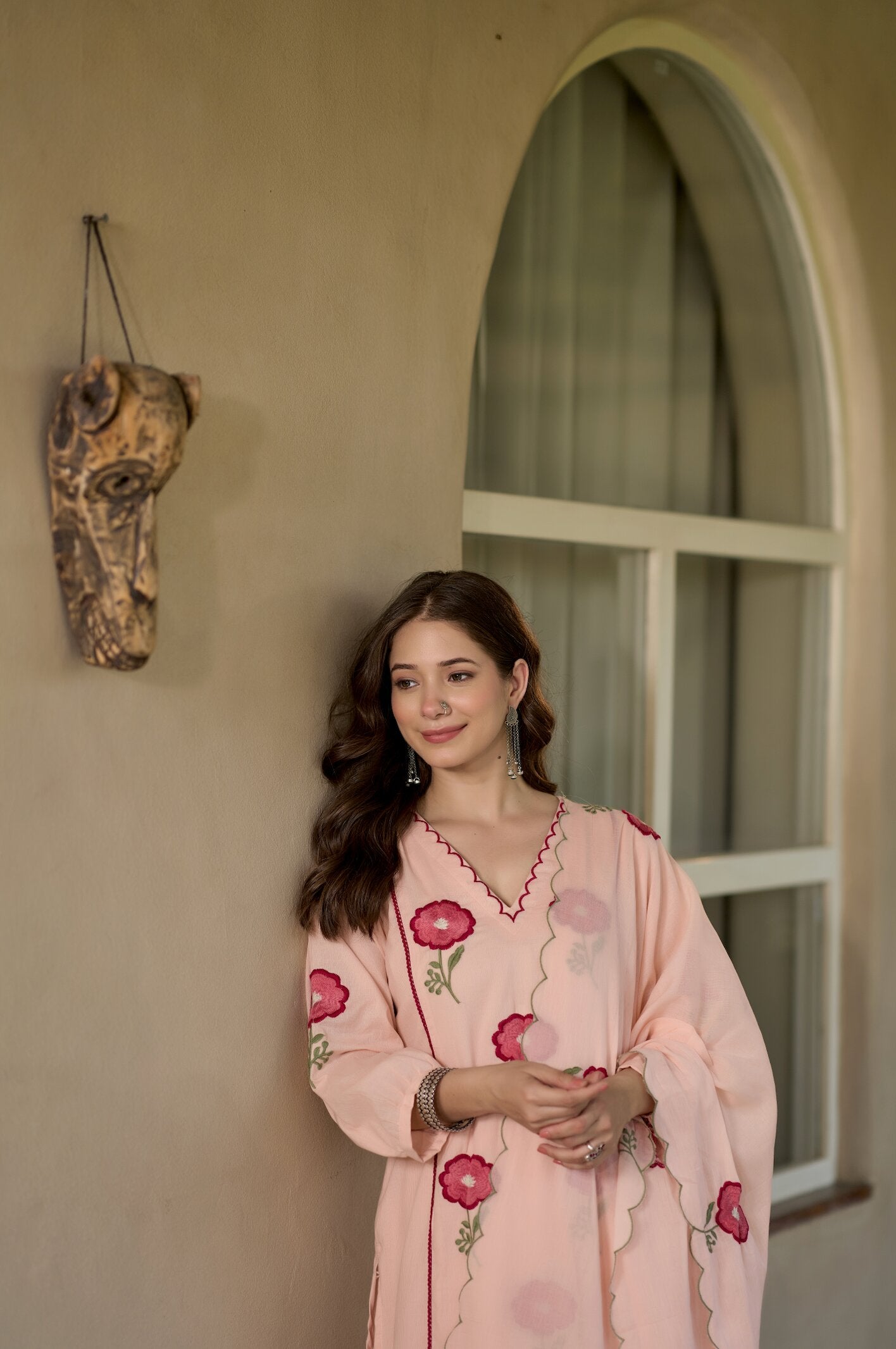 Women's Peach Floral Embroidered Kurta Pant with Dupatta Set