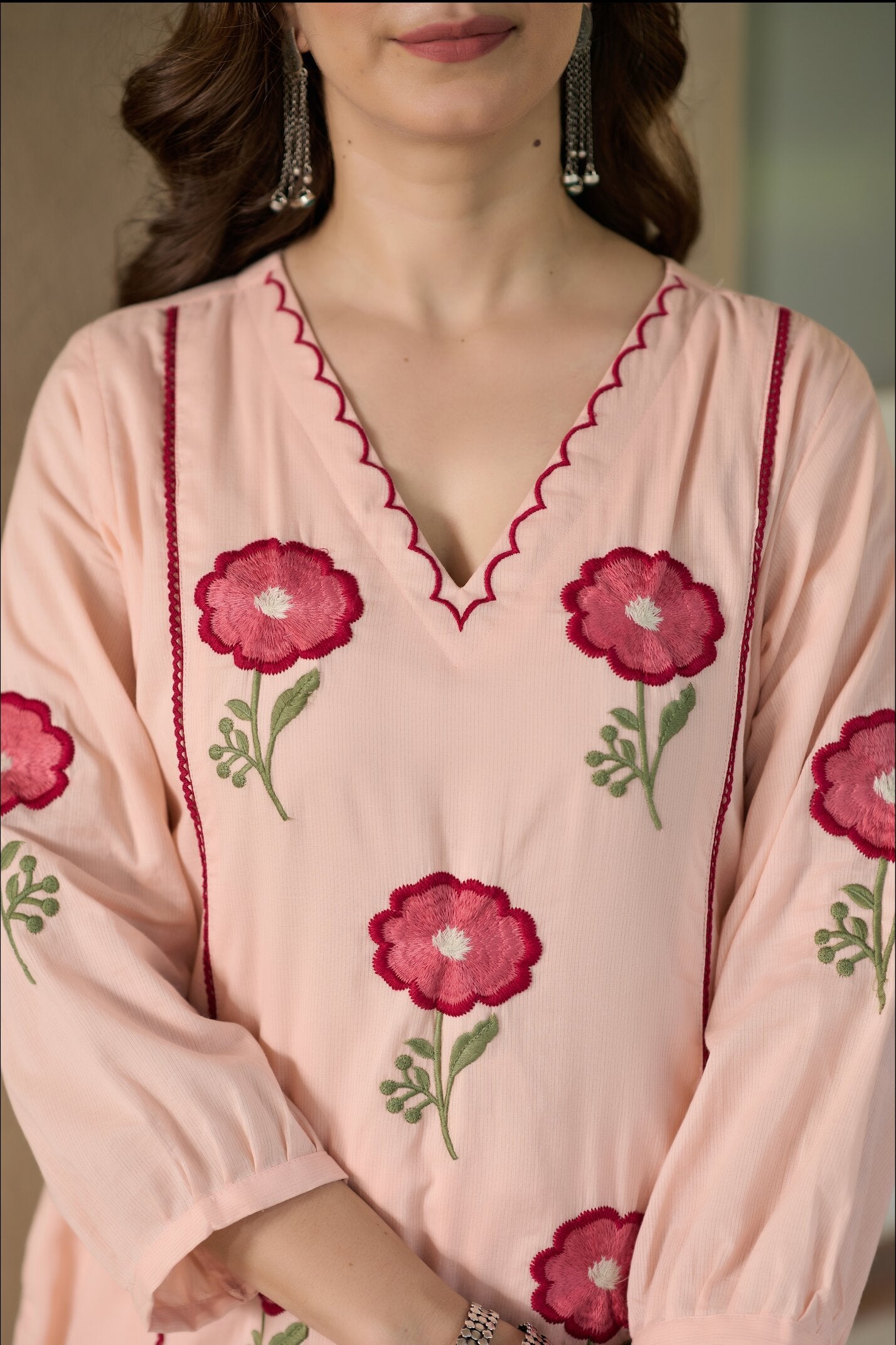 Women's Peach Floral Embroidered Kurta Pant with Dupatta Set