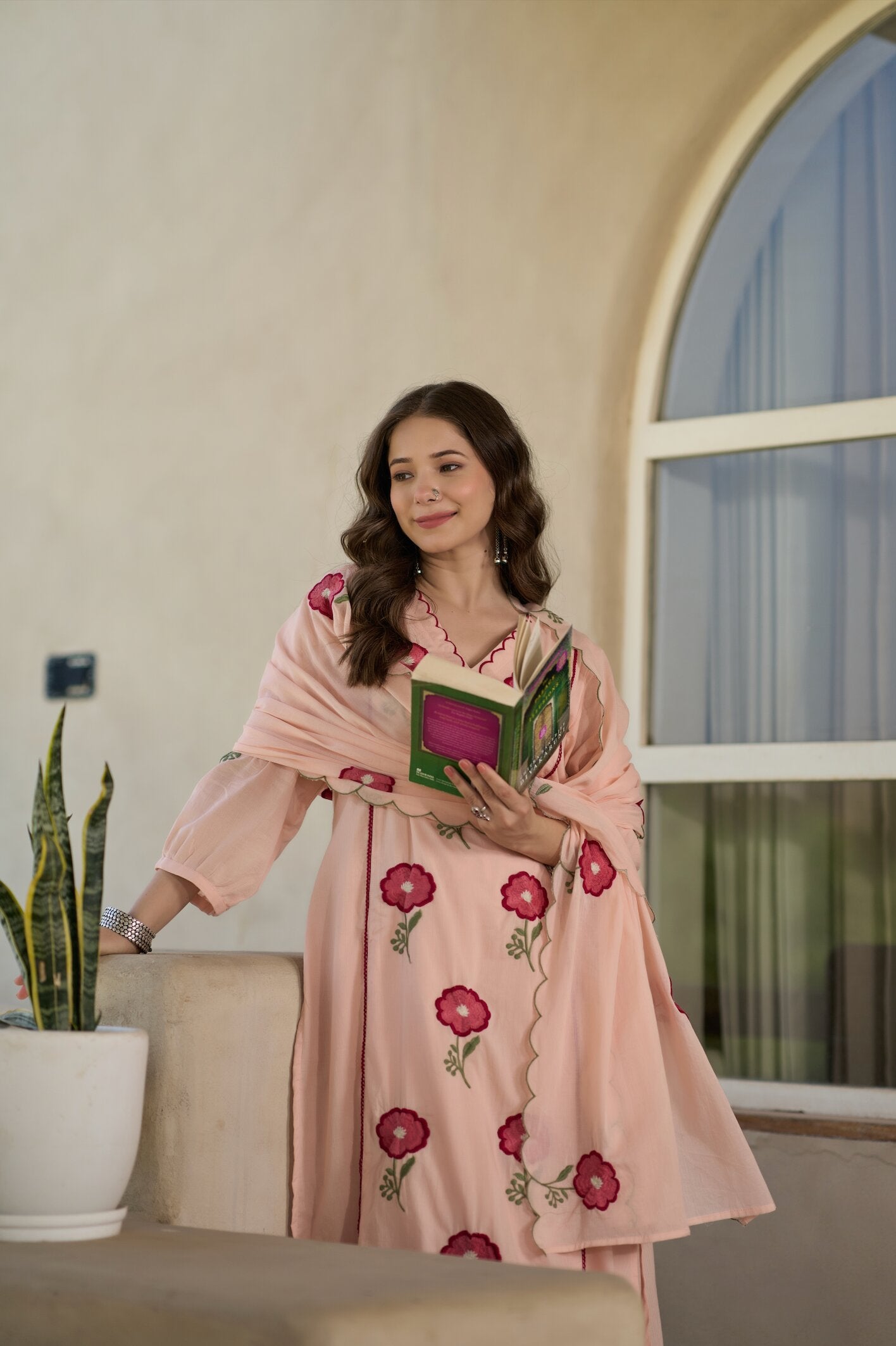 Women's Peach Floral Embroidered Kurta Pant with Dupatta Set