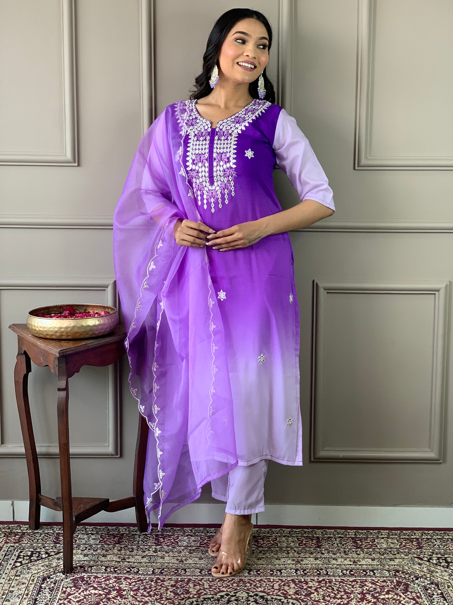 Colourblocked Thread Work Kurta with Trouser & Dupatta