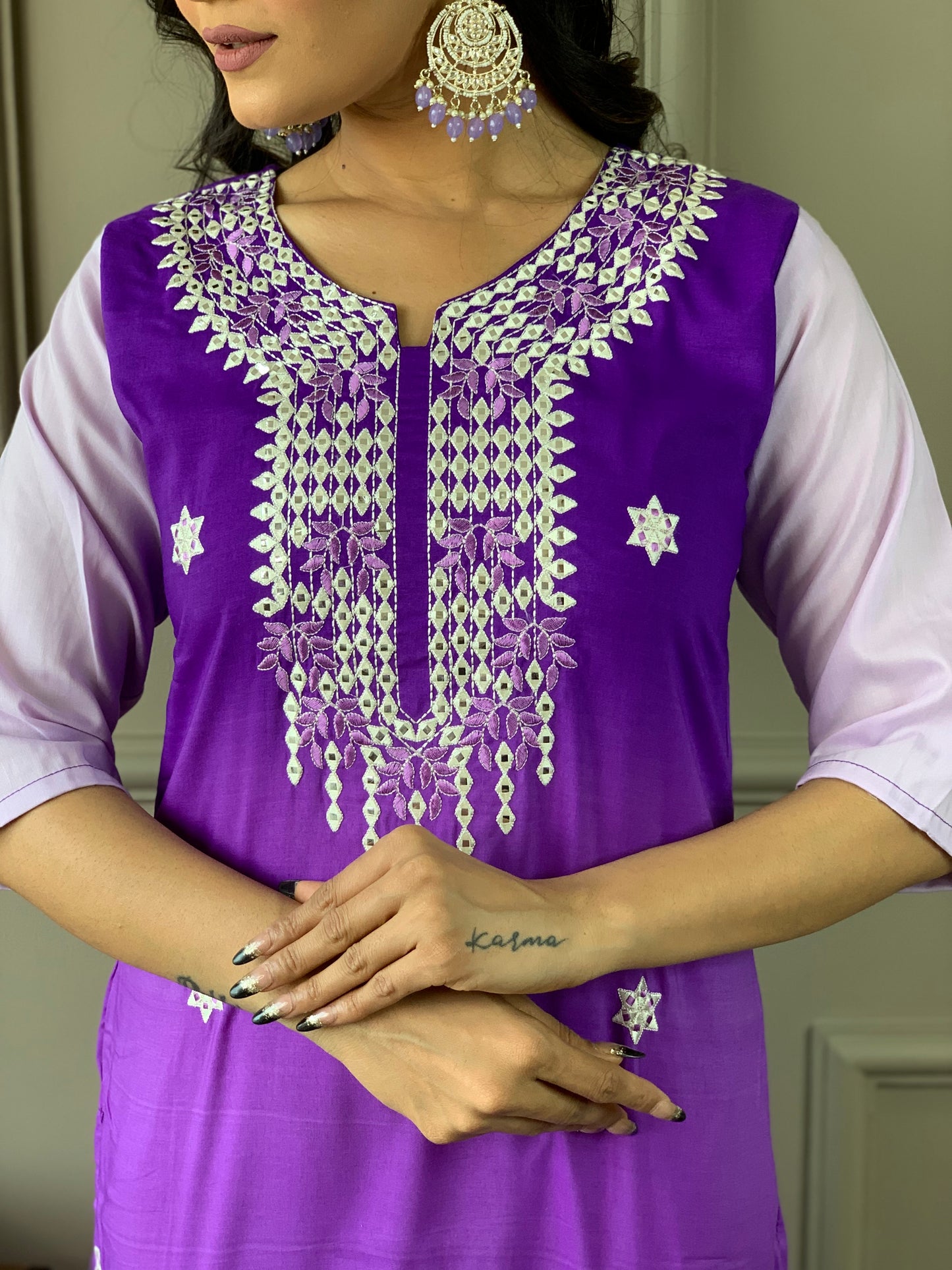 Colourblocked Thread Work Kurta with Trouser & Dupatta