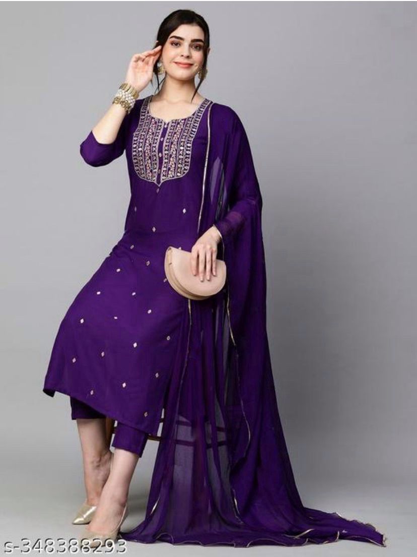 Women's Embroidery Rayon Slub Kurta and Pant with Dupatta Set