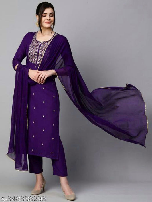 Women's Embroidery Rayon Slub Kurta and Pant with Dupatta Set