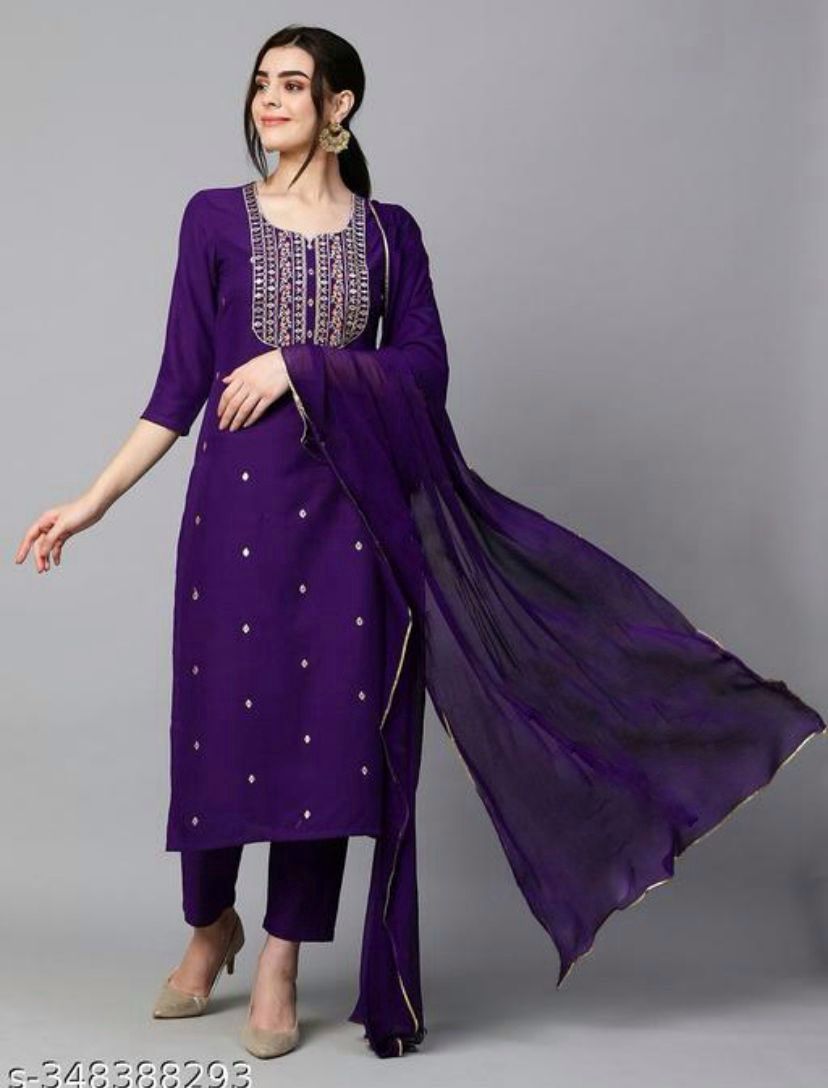 Women's Embroidery Rayon Slub Kurta and Pant with Dupatta Set