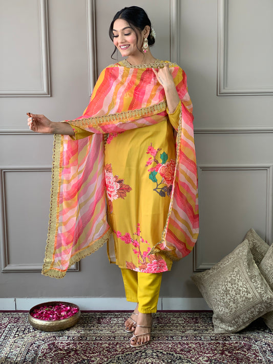 Women's Printed Muslin Kurta and Pant with Organza Dupatta Set