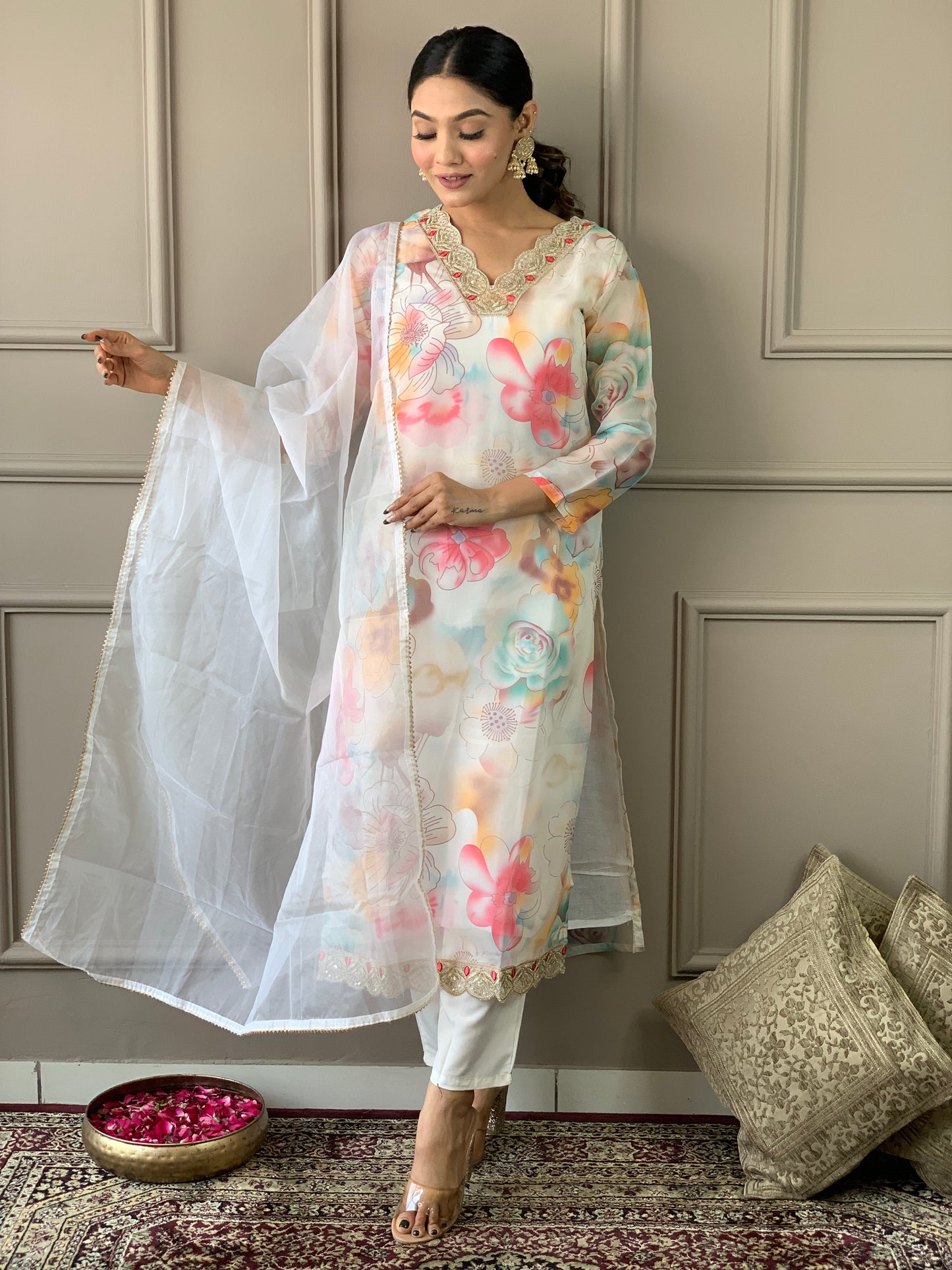 Women's Printed Organza Kurta and Pant with Dupatta Set