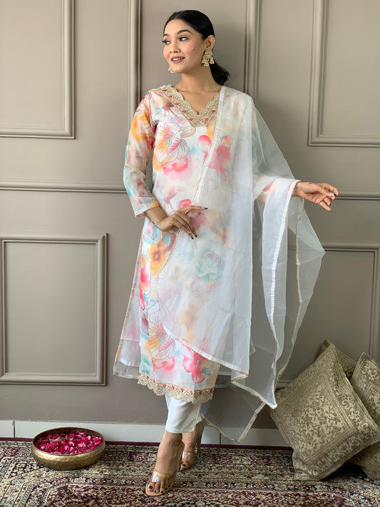 Women's Printed Organza Kurta and Pant with Dupatta Set