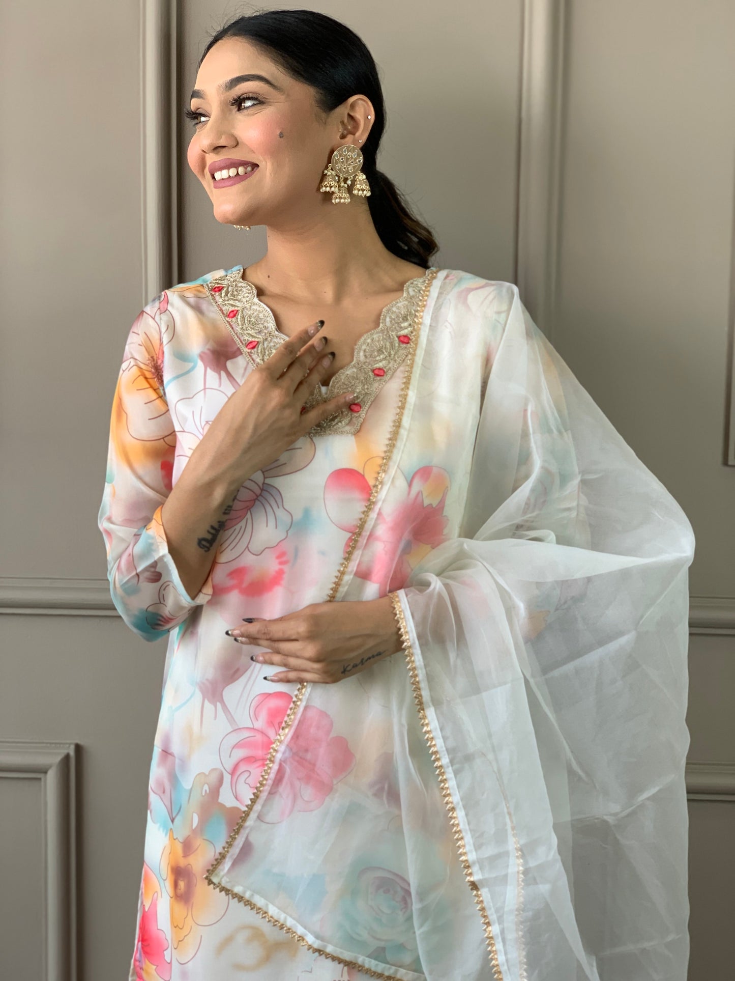 Women's Printed Organza Kurta and Pant with Dupatta Set