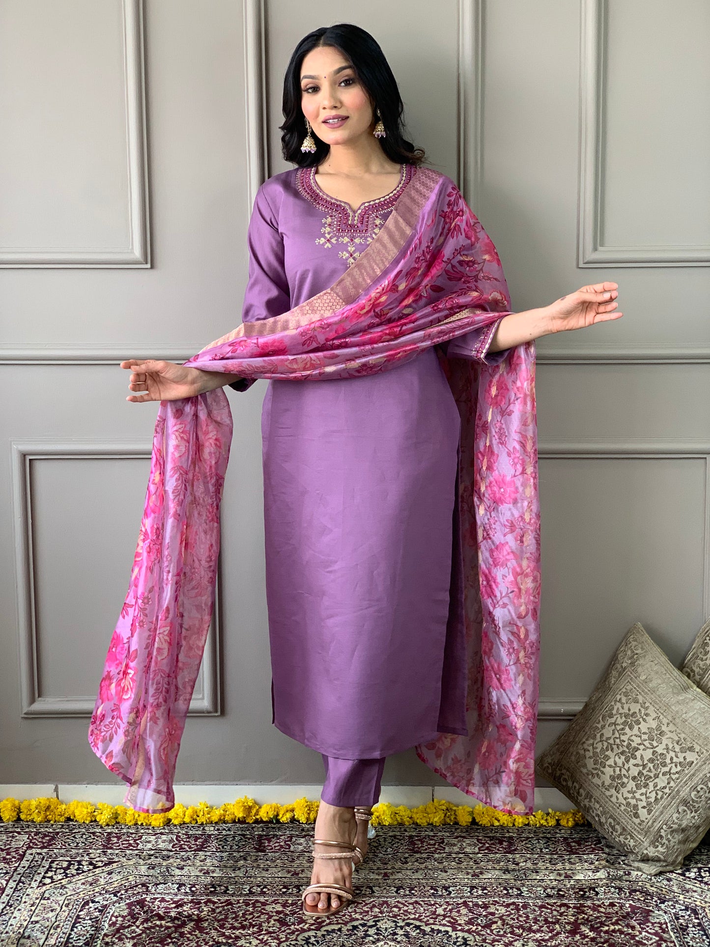 Purple Embroidered Viscose Silk Kurta Set with Dupatta