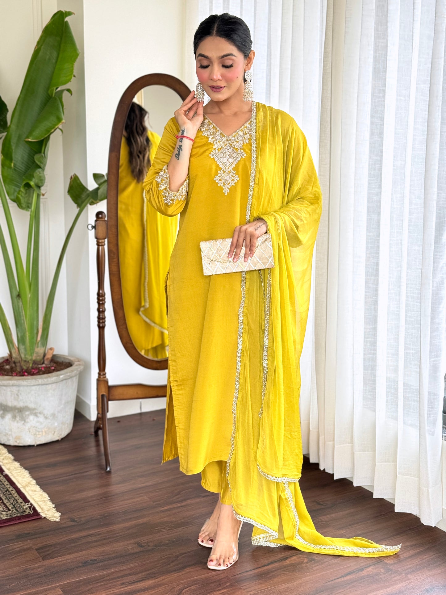 Women Embroidered Yellow Straight Kurta Set with Dupatta