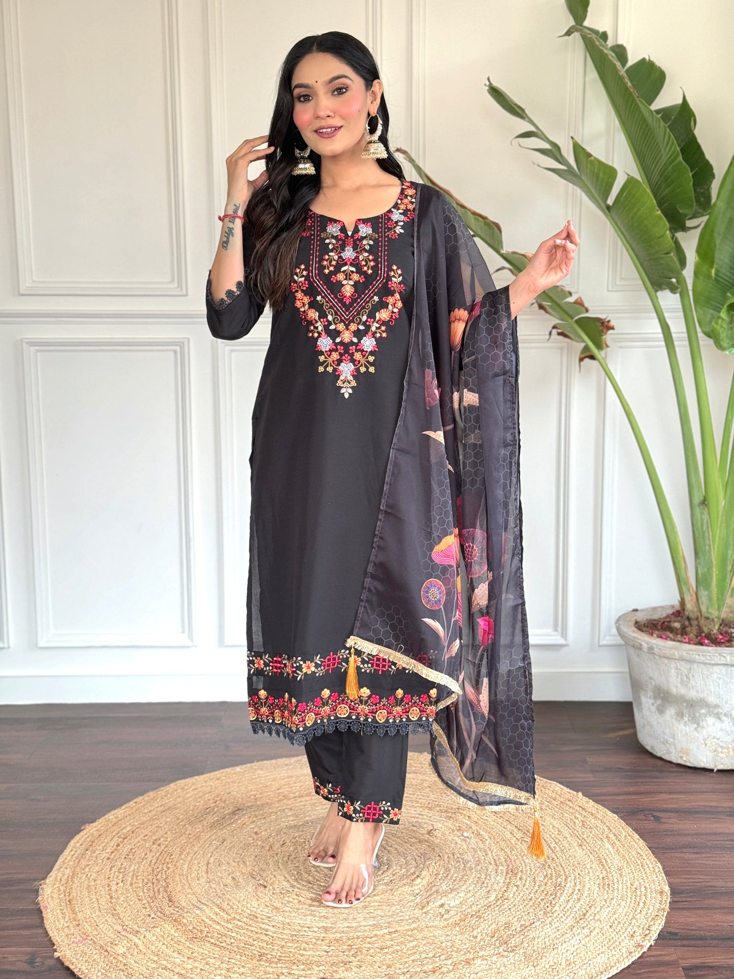 Women Embellished A-Line Black Kurta Set