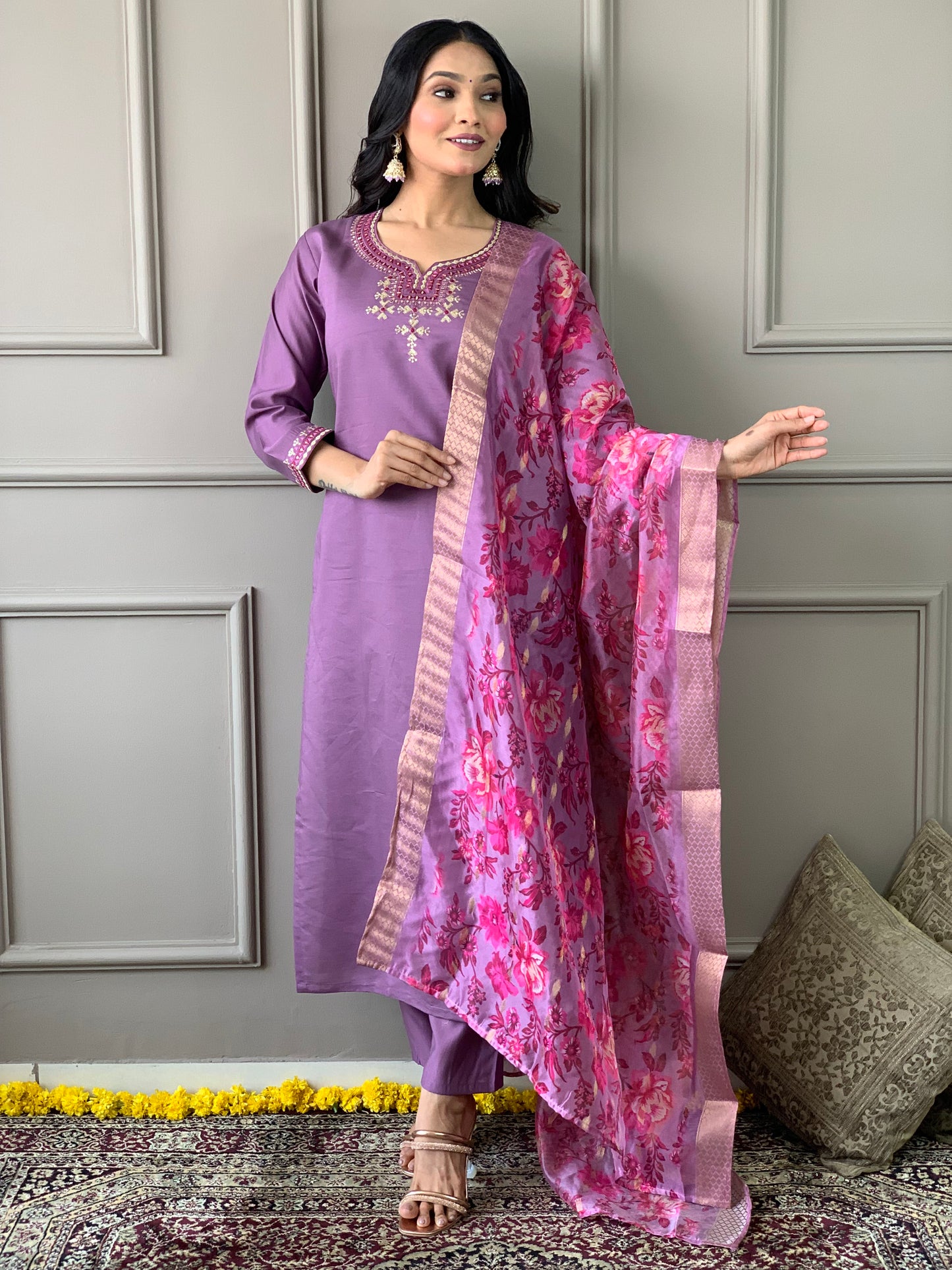 Purple Embroidered Viscose Silk Kurta Set with Dupatta