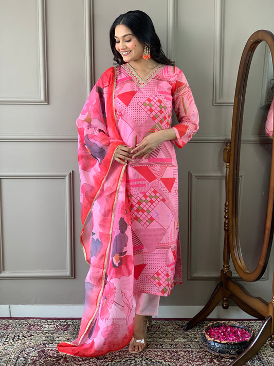 Women V-Neck Straight Kurta Set With Dupatta