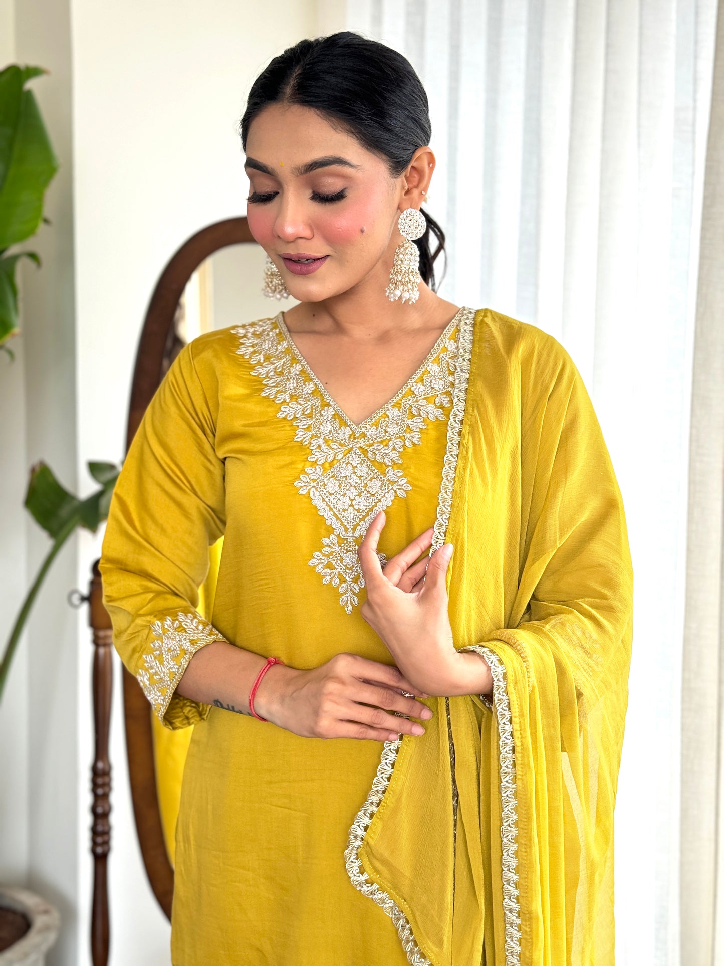 Women Embroidered Yellow Straight Kurta Set with Dupatta