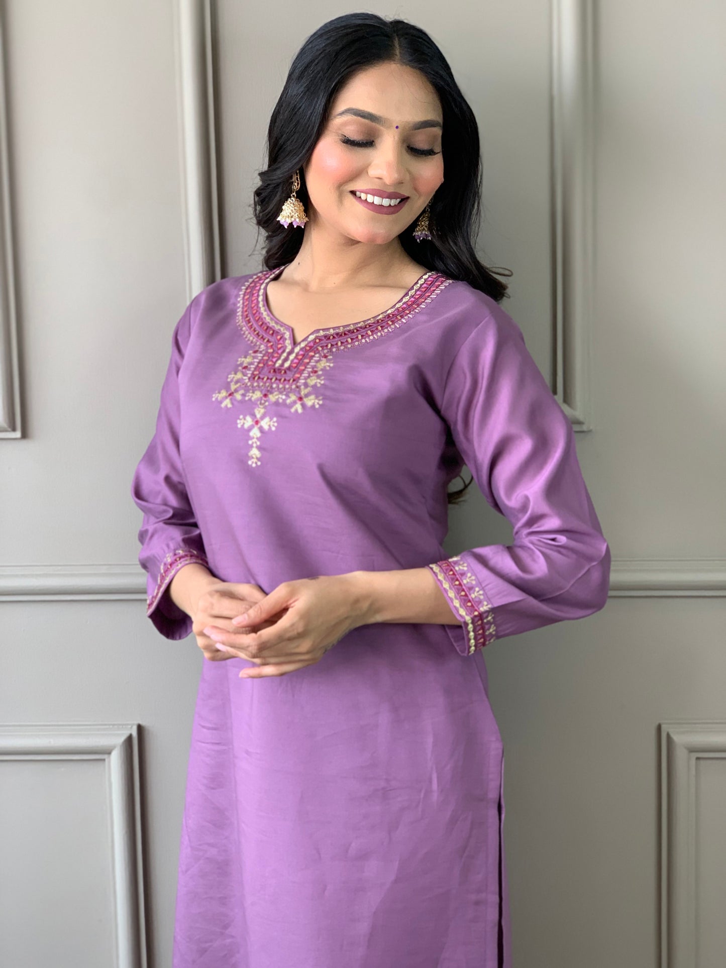 Purple Embroidered Viscose Silk Kurta Set with Dupatta