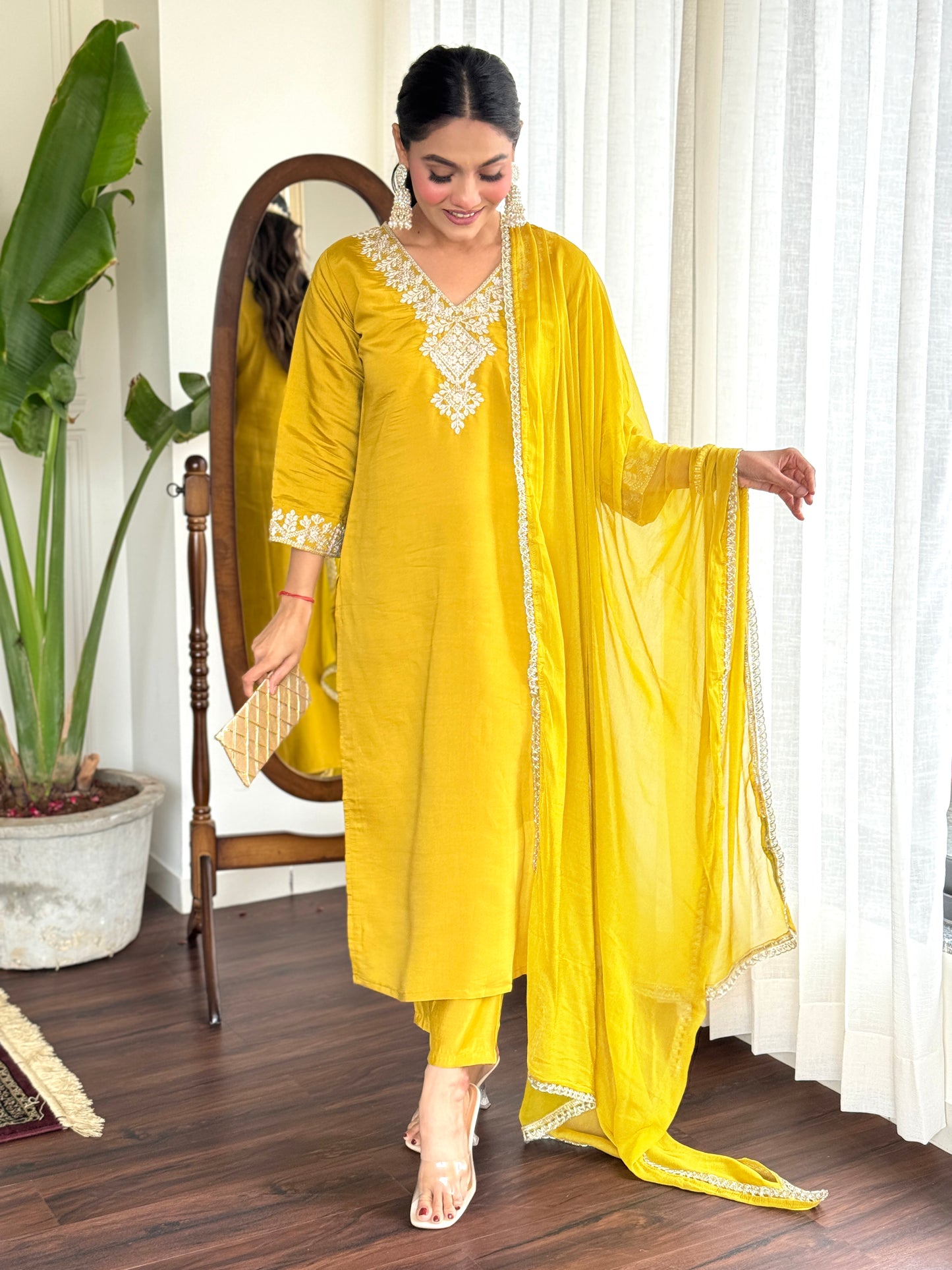 Women Embroidered Yellow Straight Kurta Set with Dupatta