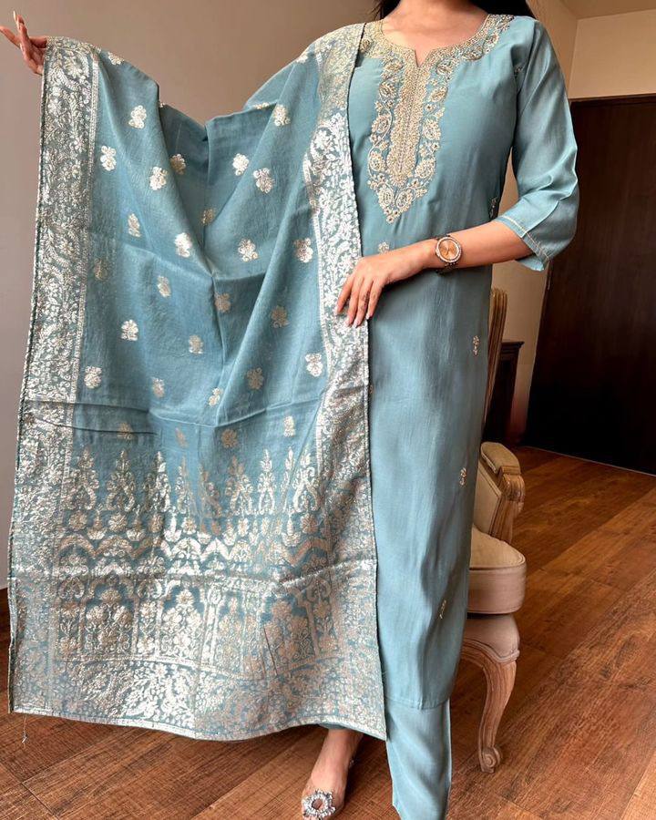 Embroidered Viscose Chanderi Straight Kurta with Dupatta