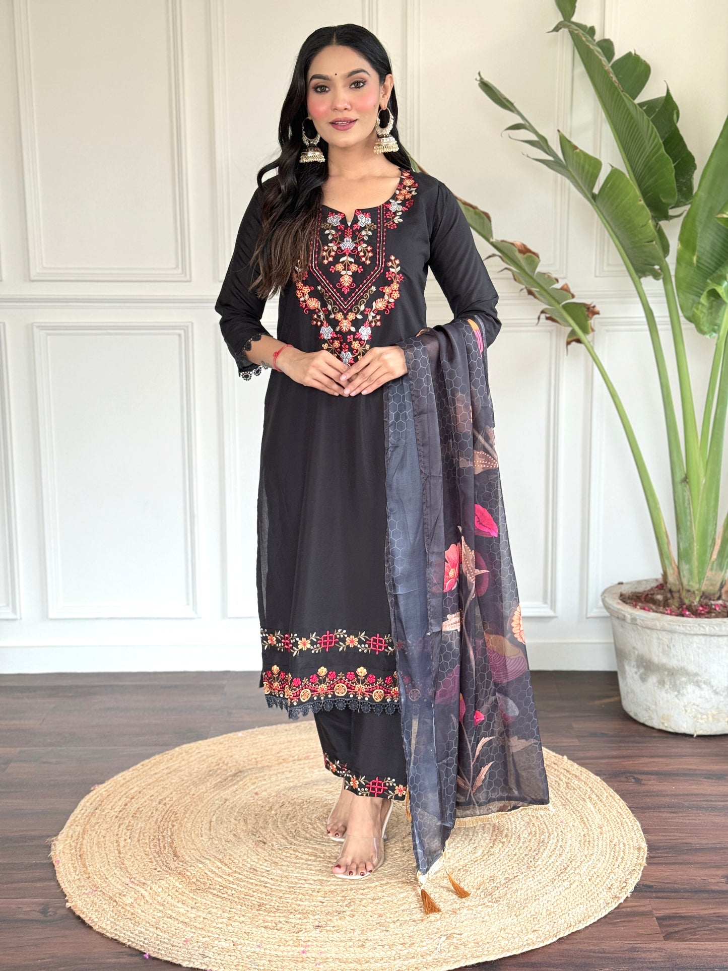 Women Embellished A-Line Black Kurta Set