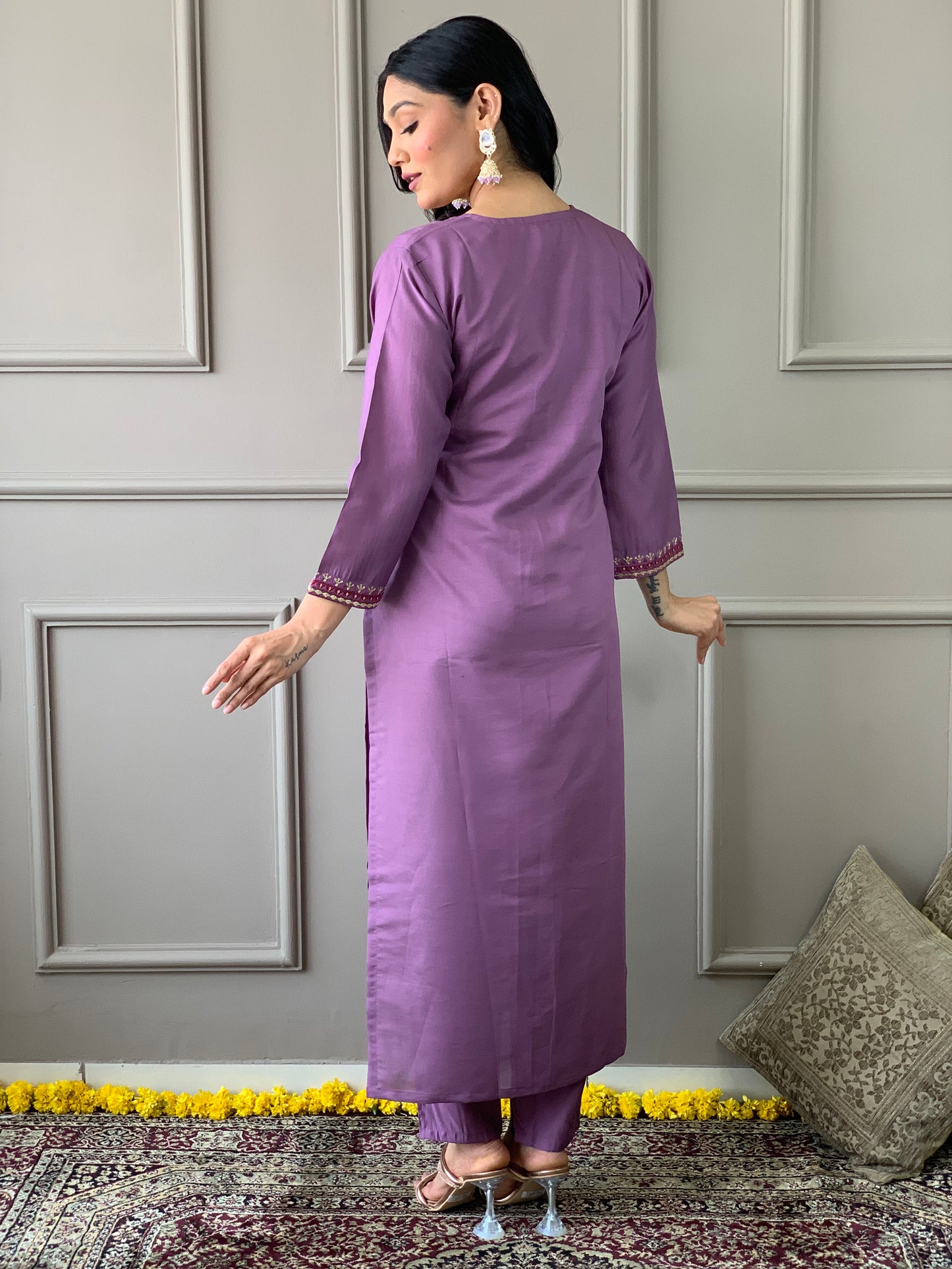 Purple Embroidered Viscose Silk Kurta Set with Dupatta