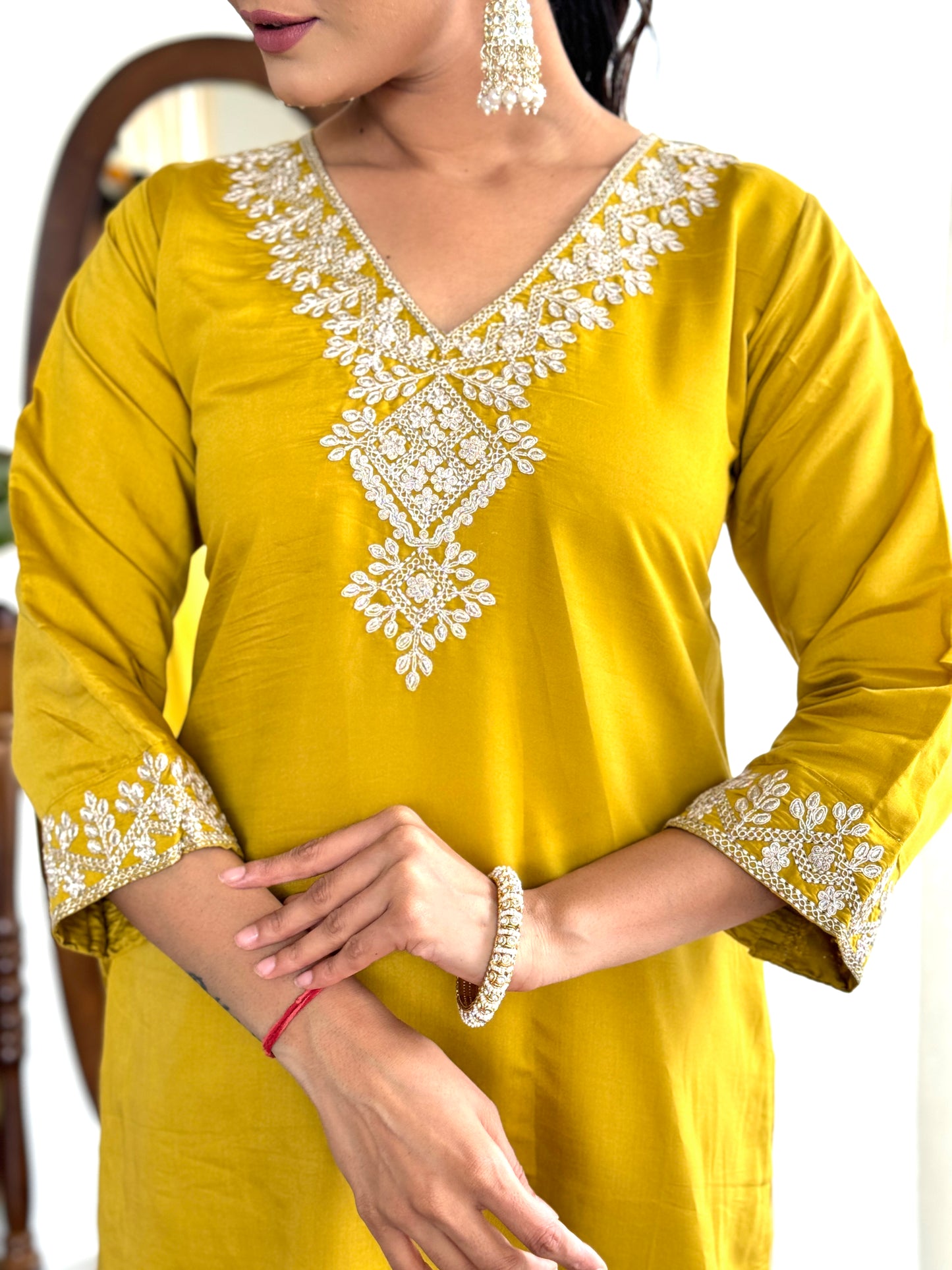 Women Embroidered Yellow Straight Kurta Set with Dupatta