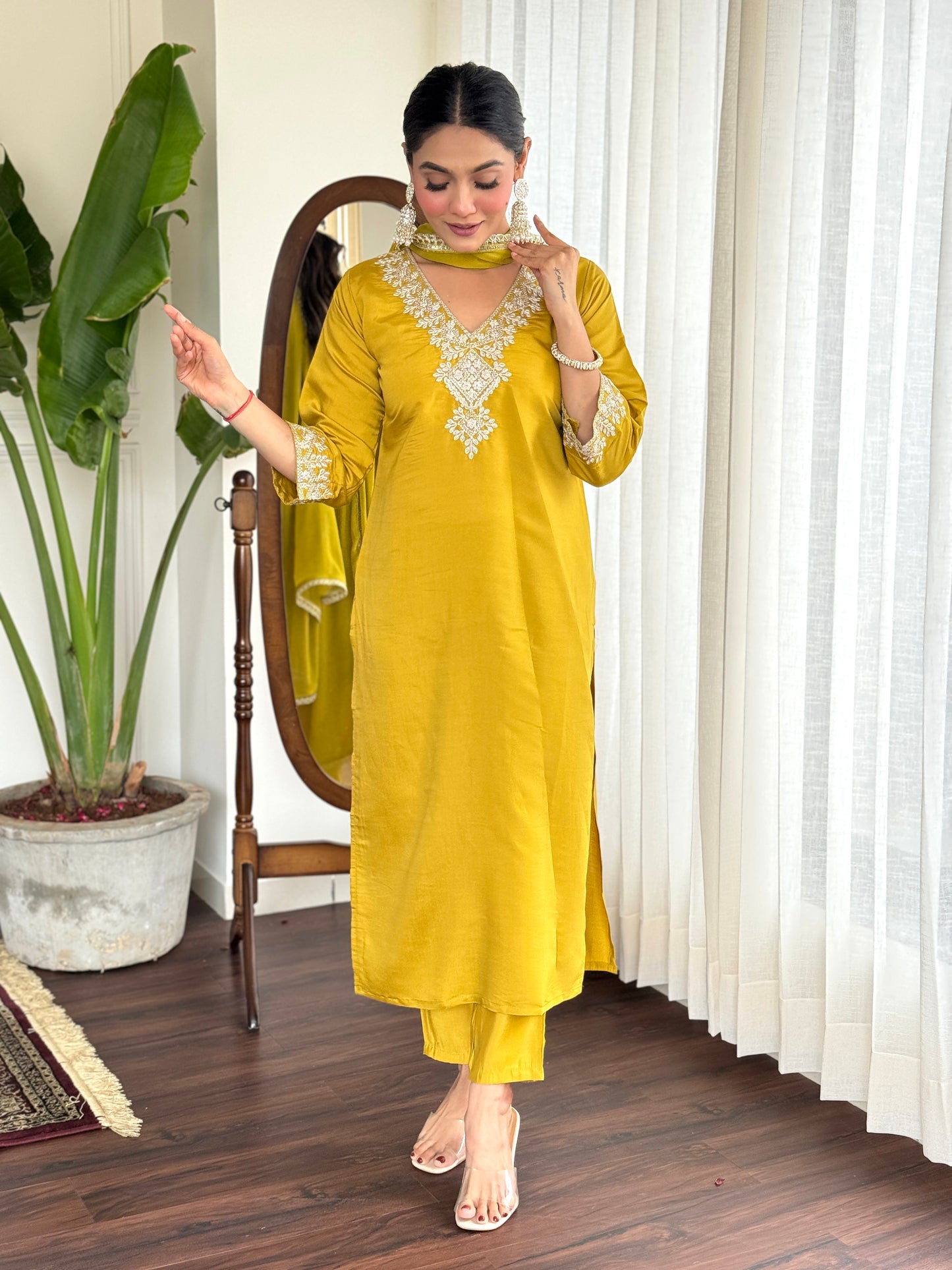 Women Embroidered Yellow Straight Kurta Set with Dupatta