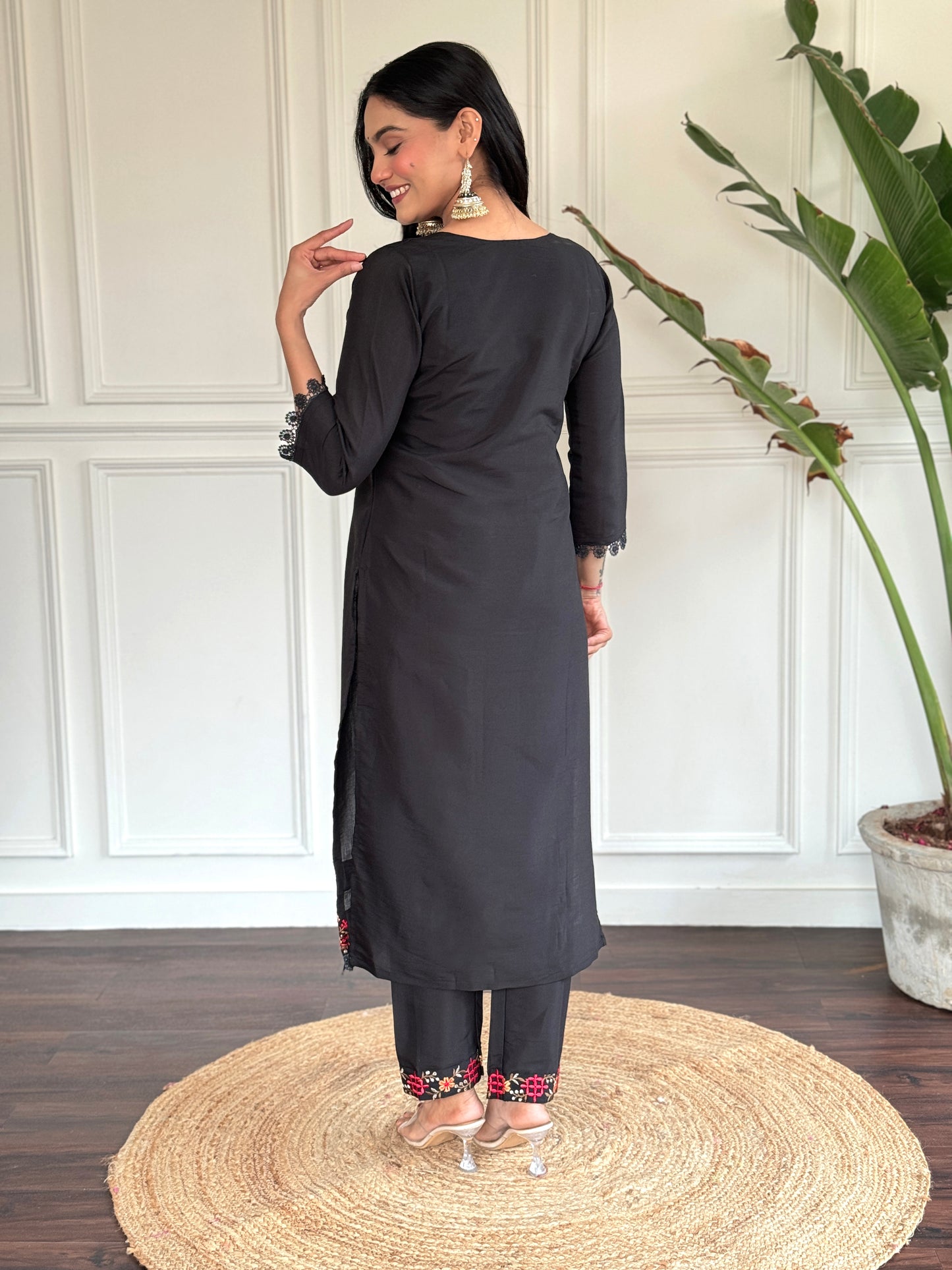 Women Embellished A-Line Black Kurta Set