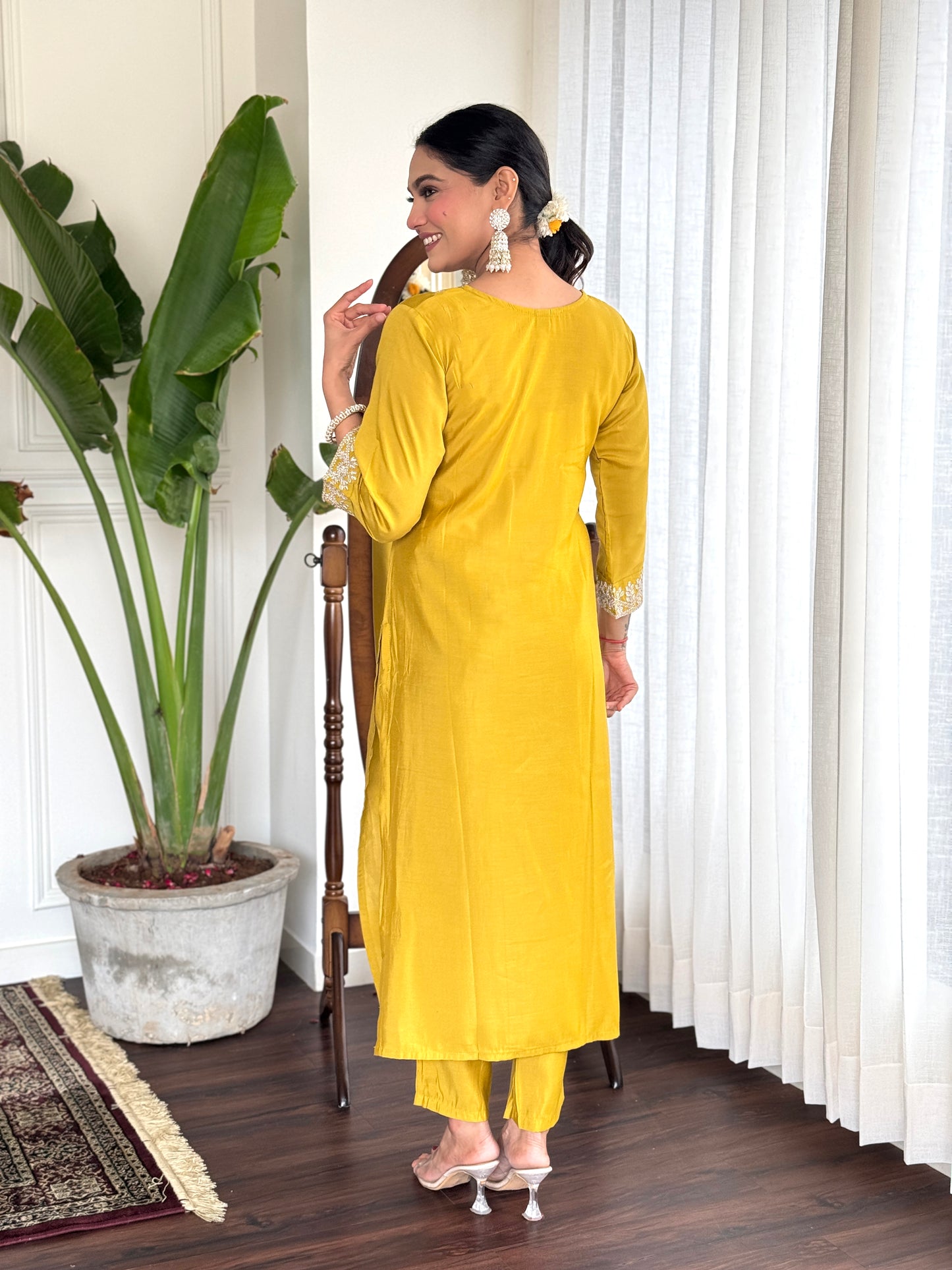 Women Embroidered Yellow Straight Kurta Set with Dupatta