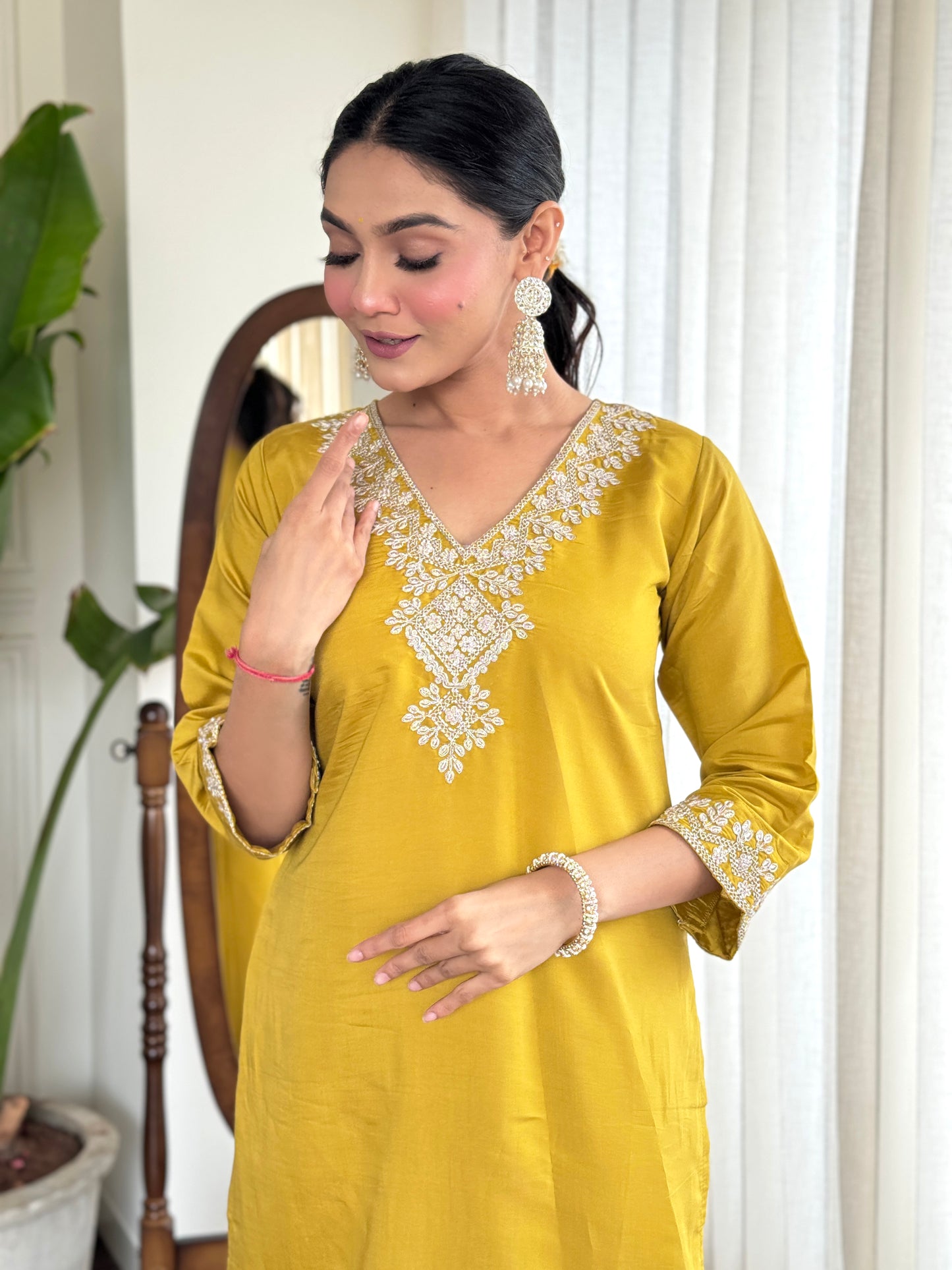 Women Embroidered Yellow Straight Kurta Set with Dupatta