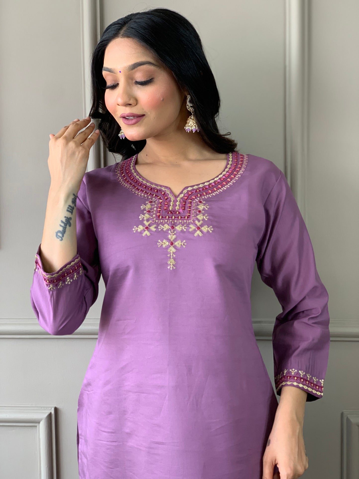 Purple Embroidered Viscose Silk Kurta Set with Dupatta